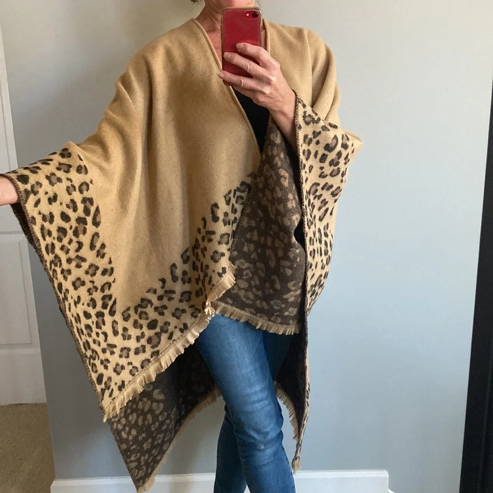 Tan & Animal Print Open Cardigan Sweater Kimono Wrap - Picture 6 of 10